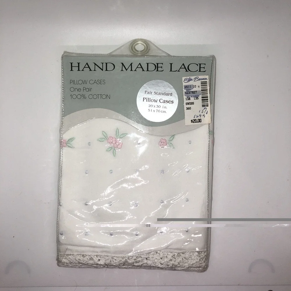 Handmade Lace SWISS FLORAL Dot Rose Pillowcase Pair Standard 100% Cotton NEW